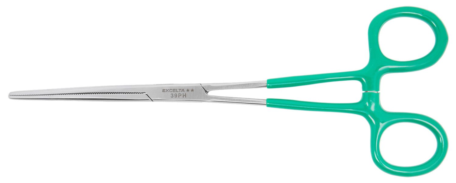 Excelta 39PH Stainless Steel Locking Hemostat with Vinyl Coated Handles & Straight, Serrated Jaw, 8.0" OAL