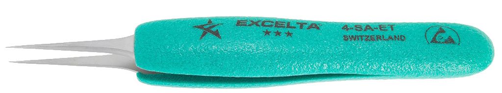 Excelta 4-SA-ET Magnification ESD-Safe Neverust® Stainless Steel Tweezers with Ergo-Tweeze® TealShield™ Grips & Straight, Tapered, Ultra-Fine, Pointed Tips