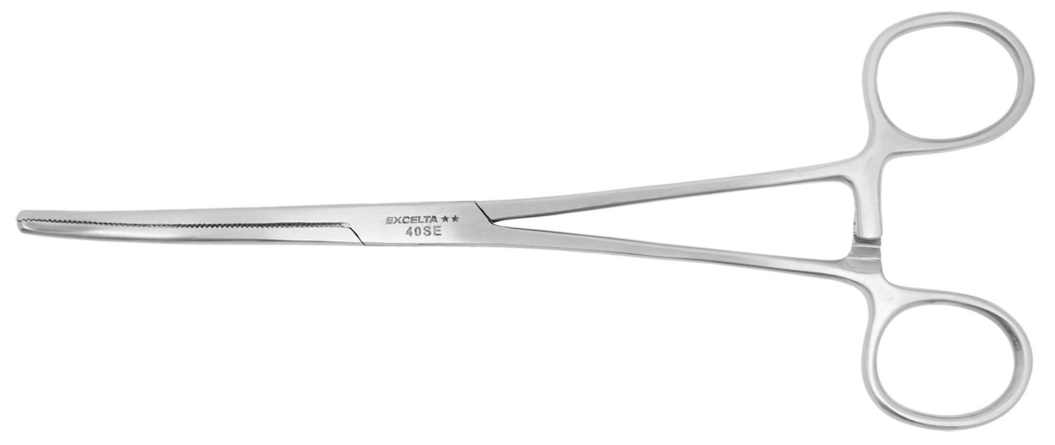 Excelta 40-SE Cleanroom-Safe Stainless Steel Locking Hemostat with 25° Curved, Serrated Jaw, 8.0" OAL