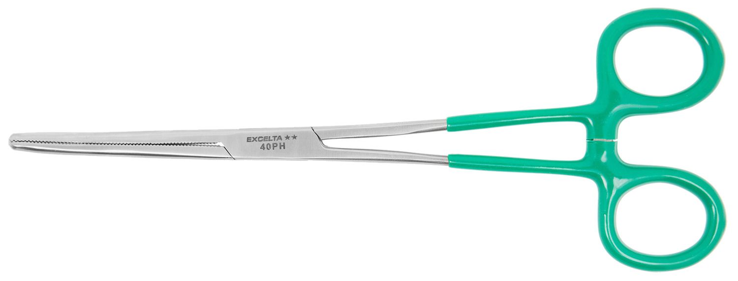 Excelta 40PH Stainless Steel Locking Hemostat with Vinyl Coated Handles & 30° Curved, Serrated Jaw, 8.0" OAL