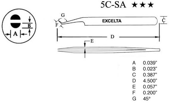 Excelta 5C-SA Swiss-Made Neverust® Anti-Magnetic Stainless Steel Tweezers with 45° Angulated Ultra Fine Point Tips, 4.5" OAL