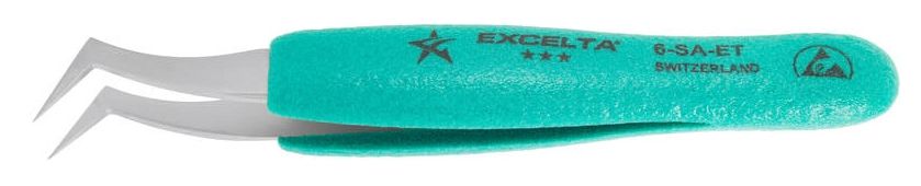 Excelta 6-SA-ET Swiss-Made ESD-Safe Anti-Magnetic Stainless Steel Tweezer with Ergo-Tweeze® Handle & 70° Angulated, Flat, Sharp Point Tips, 5.0" OAL