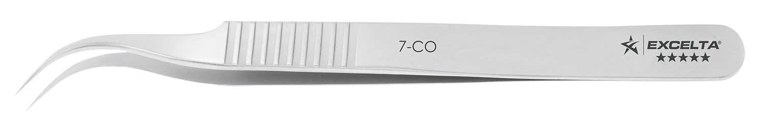 Excelta 7-CO Swiss-Made Cobalt Steel Tweezer with 45° Curved, Tapered, Very Fine Point Tips, 4.5" OAL