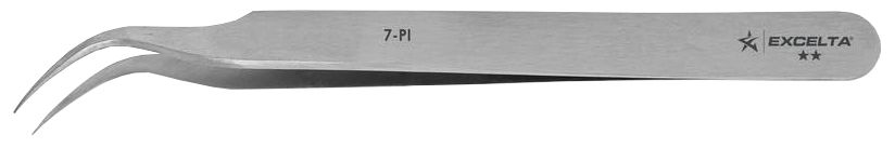 Excelta 7-PI Carbon Steel Tweezer with 55° Curved, Very Fine, Tapered, Pointed Tips