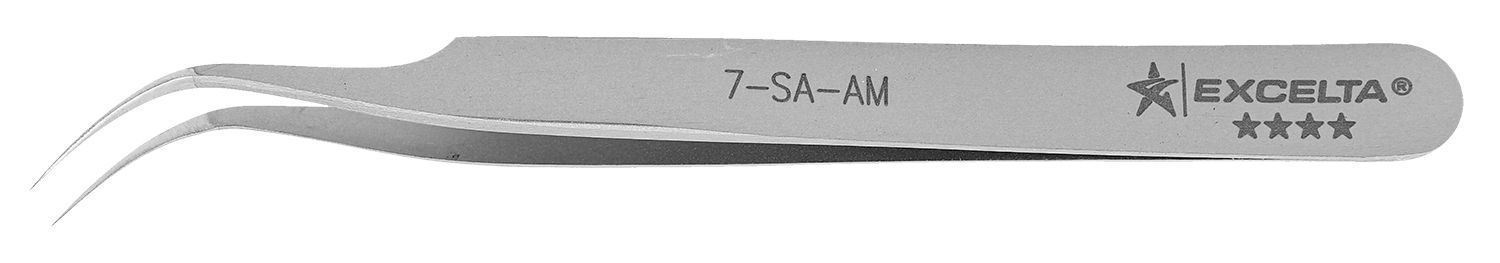 Excelta 7-SA-AM Antimicrobial Neverust® Stainless Steel Tapered Tweezer with 45° Curved, Very Fine, Pointed Tips