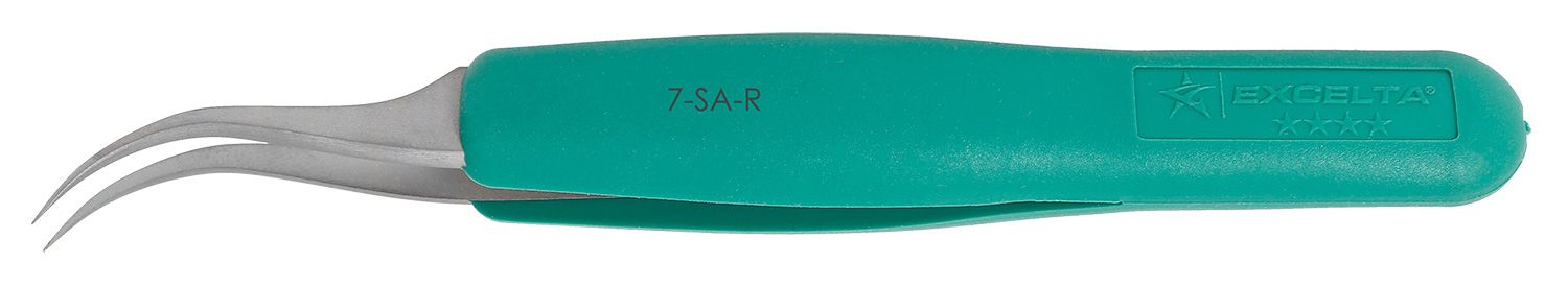 Excelta 7-SA-R ESD-Safe, Cleanroom-Safe Neverust® Stainless Steel Tweezer with Ergo-Tweeze® Handle, 45° Curved, Very Fine, Pointed Tips