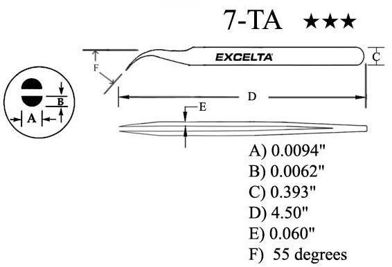 Excelta 7-TA Swiss-Made Titanium Tweezers with Tapered, 45° Curved, Tapered, Very Fine Point Tipss, 4.5" OAL