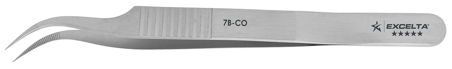 Excelta 7B-CO Swiss-Made Cobalt Steel Cobalt Tweezer with 55° Curved, Serrated Very Fine Point Tips, 4.5" OAL