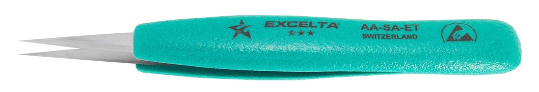 Excelta AA-SA-ET Swiss-Made ESD-Safe Neverust® Anti-Magnetic Stainless Steel Tweezer with Ergo-Tweeze® Handle & Straight, Medium Point Tips, 5.5" OAL