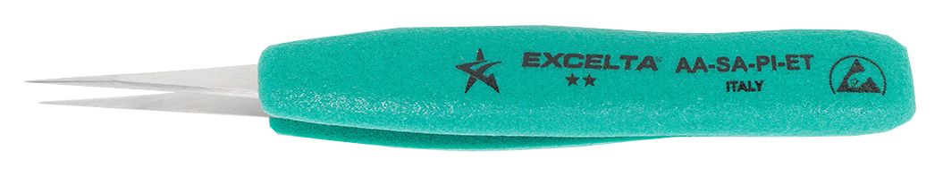 Excelta AA-SA-PI-ET Italian-Made ESD-Safe Anti-Magnetic Stainless Steel Tweezer with Ergo-Tweeze® Handle & Straight, Medium Point Tips, 5.5" OAL