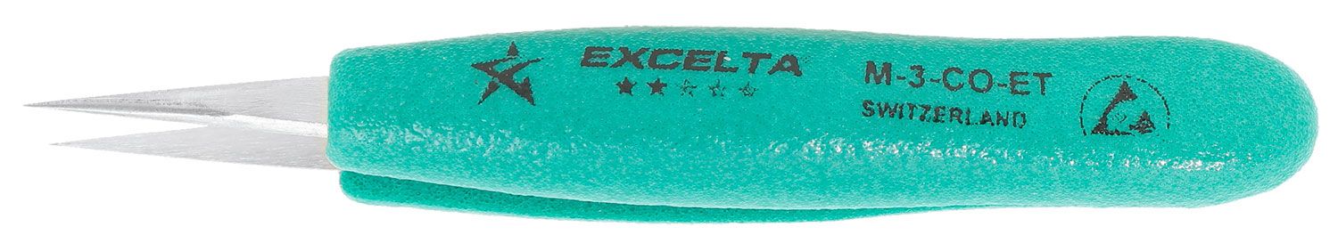 Excelta M-3-CO-ET Miniature Cobaltima® Tweezers with Ergo-Tweeze® TealShield™ Grips & Tapered, Straight, Very Fine, Pointed Tips