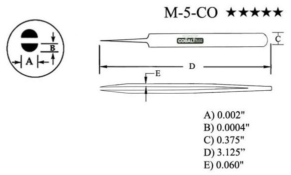 Excelta M-5-CO Miniature Cobaltima® Tweezers with Tapered, Ultra-Fine, Pointed Tips