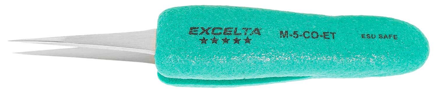 Excelta M-5-CO-ET Miniature Cobaltima® Tweezers with Ergo-Tweeze® TealShield™ Grips & Tapered, Straight, Ultra-Fine, Pointed Tips