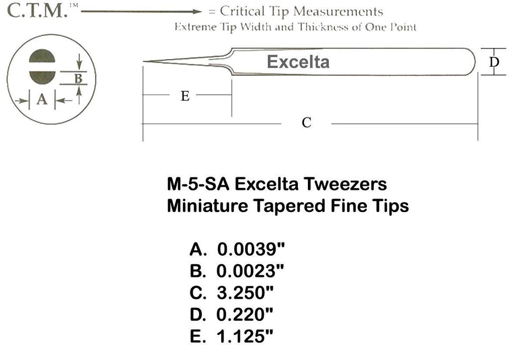 Excelta M-5-SA Neverust® Stainless Steel Tweezer with Miniature Head & Straight, Ultra-Fine, Tapered, Pointed Tips