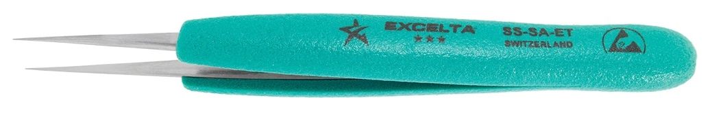 Excelta SS-SA-ET Swiss-Made ESD-Safe Neverust® Anti-Magnetic Stainless Steel Tweezer with Ergo-Tweeze® Handle & Straight, Long, Slender, Fine Precision Point Tips, 5.5" OAL