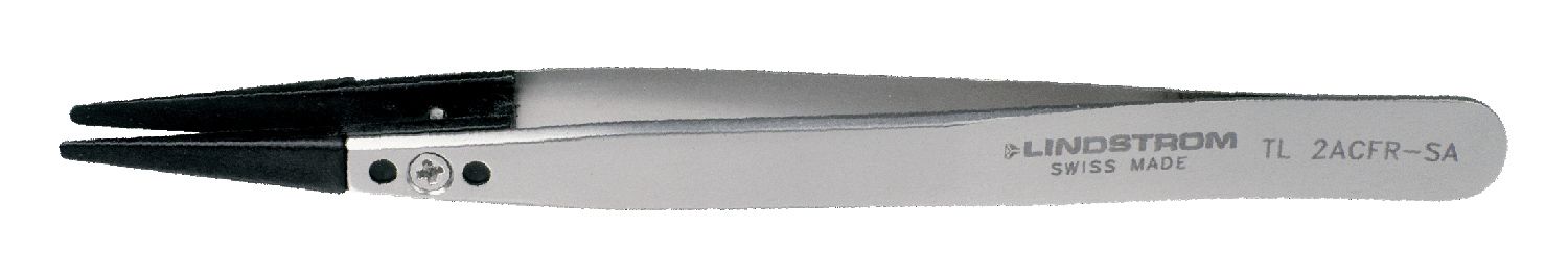 Lindstrom 2ACFR-SA ESD-Safe Stainless Steel Tweezer with Replaceable Straight, Flat Edge, Rounded Carbon Fiber Tips