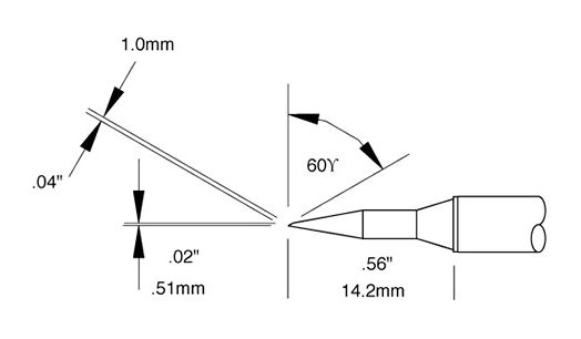 Metcal STTC-046 600 Series Beveled 60° x 1.0mm Solder Cartridge, 0.5 x 14.2mm
