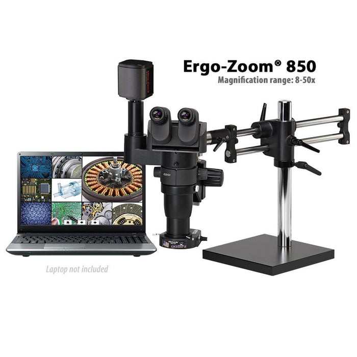 OC White TKDEZT-850-A Ergo-Zoom&reg; 850 Stereo Zoom Trinocular Microscope with Dual Boom Stand, 6MP Hybrid HDMI/USB Camera & Fiberoptic Annular Ring Light