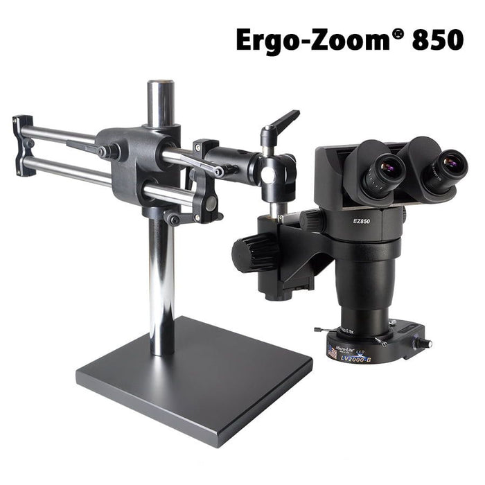 OC White TKEZ-850-A Ergo-Zoom&reg; 850 Stereo Zoom Binocular Microscope with Dual Boom Stand & Fiberoptic Annular Ring Light