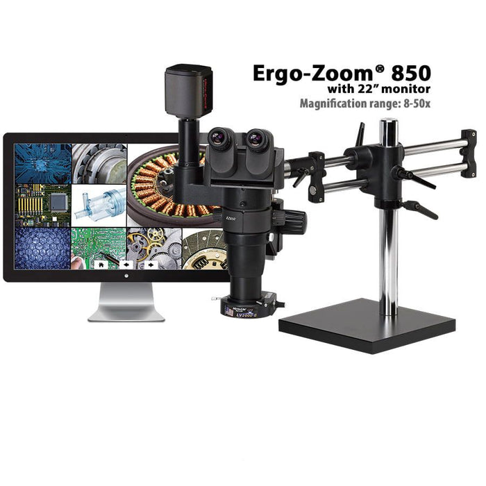 OC White TKEZT-850-A Ergo-Zoom&reg; 850 Stereo Zoom Trinocular Microscope with Dual Boom Stand, 22" LCD Monitor, 6MP Hybrid HDMI/USB Camera & Fiberoptic Annular Ring Light