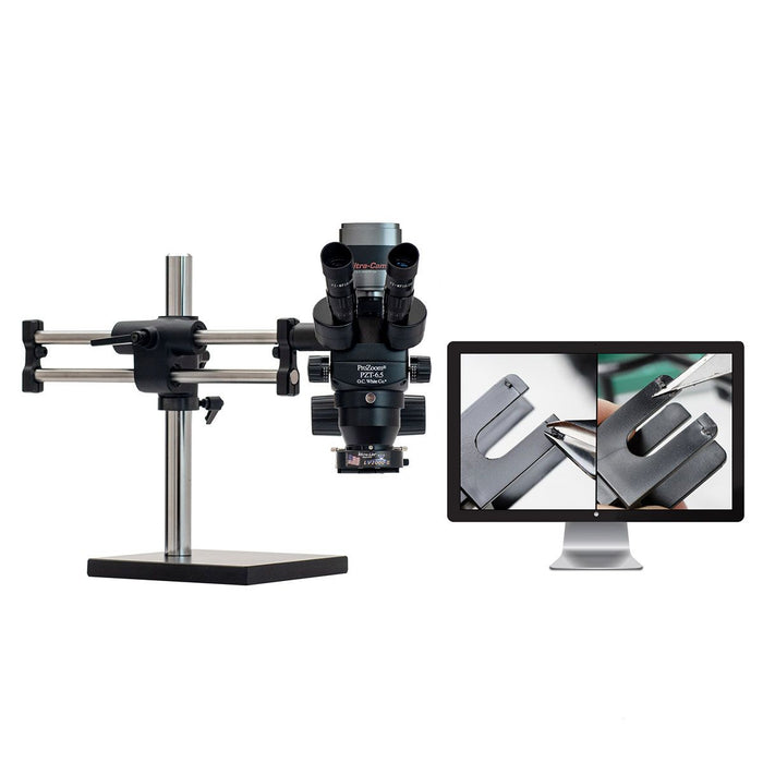 OC White TKPZT-A Pro-Zoom&trade; Trinocular Microscope with Dual Boom Stand, 1080p Camera & Fiberoptic Annular Ring Light